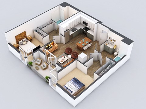 Floor plan for 2 beds, 2 baths, 977 sqft